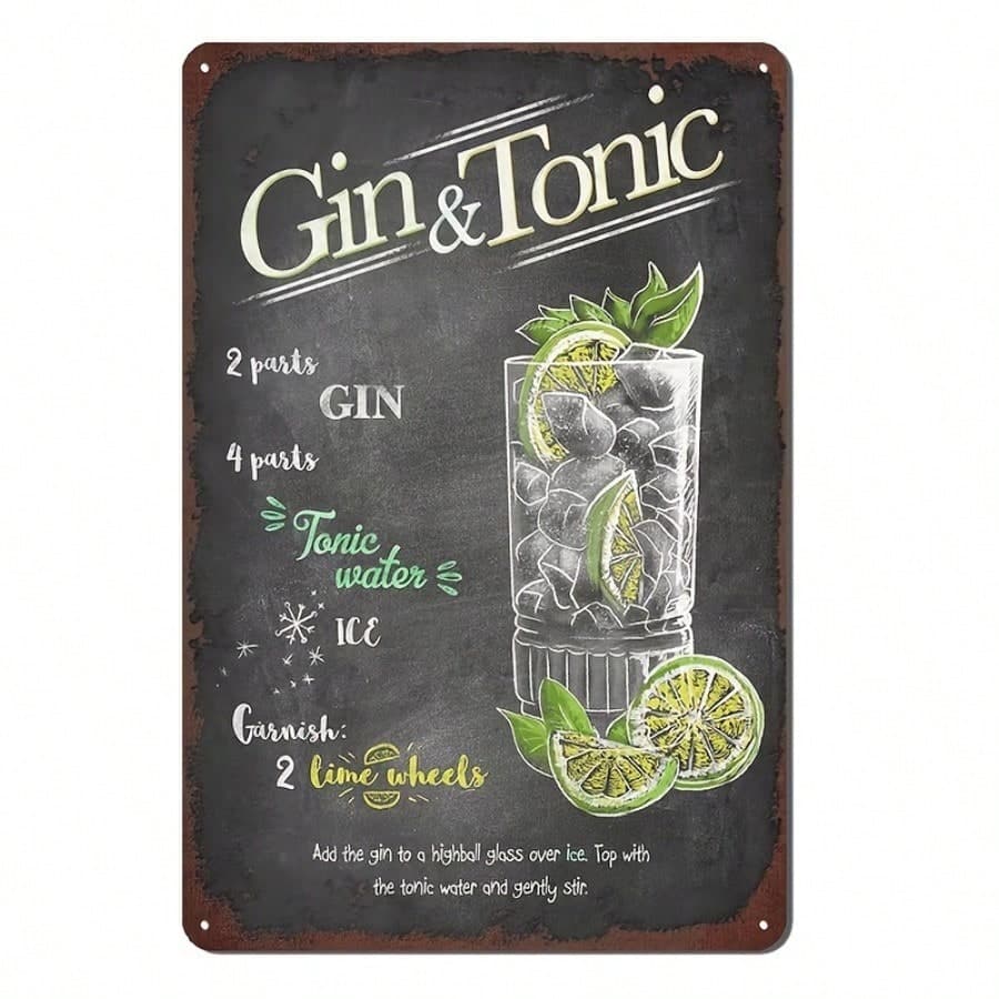 Panneau métallique de recettes de cocktails vintage, enseignes de bar pour la décoration murale du bar à la maison 12x8 pouces - Gin Tonic